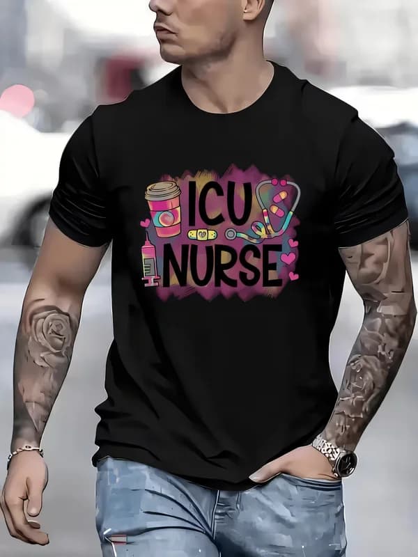 ICU Nurse Graphic Print T-Shirt Medical Theme Aesthetic Streetwear Casual Short Sleeve Tee Gift for Healthcare Professionals Men