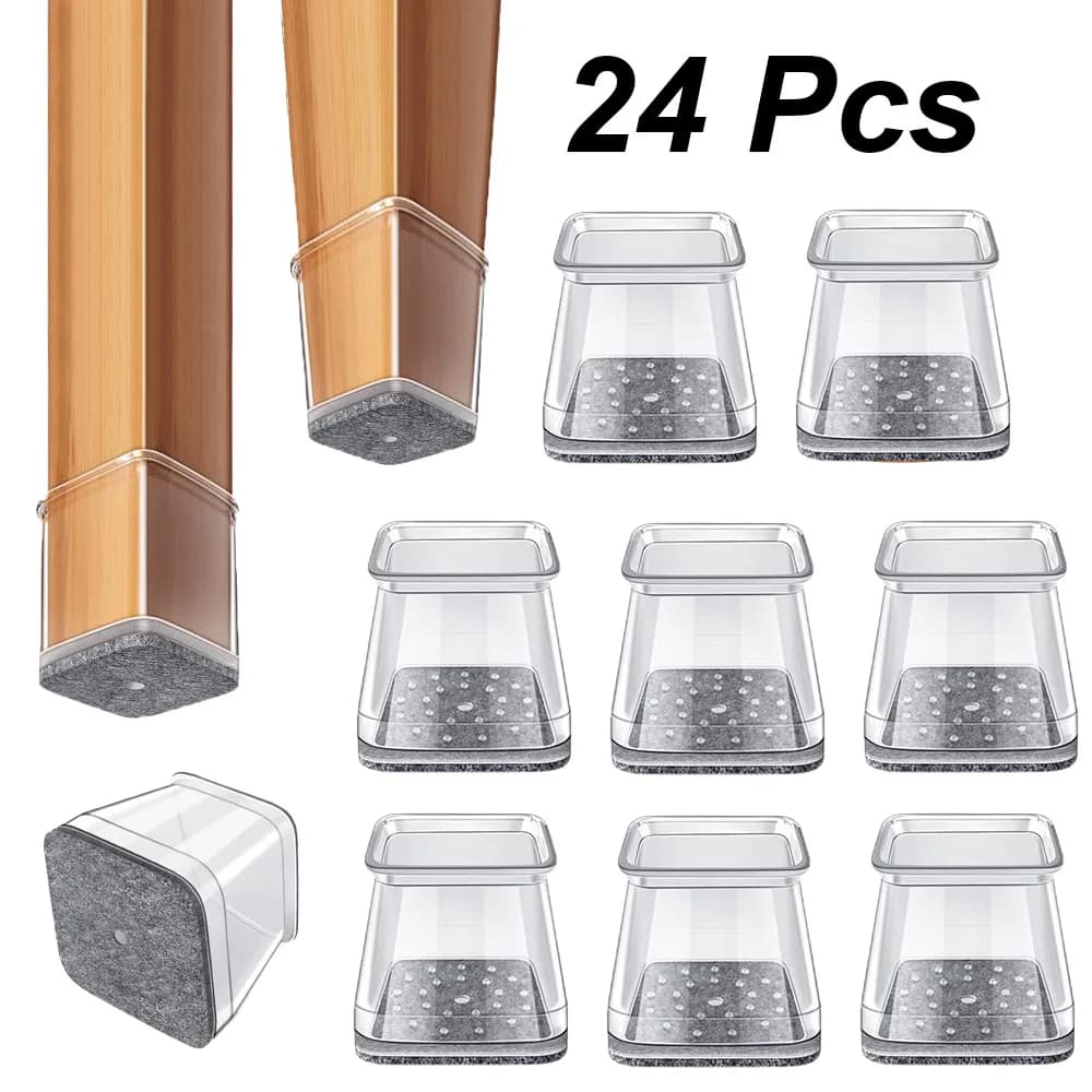 24Pcs Clear Square Silicone Chair Leg Floor Protectors Anti‑Scratch Furniture Feet Pads for Hardwood Floors