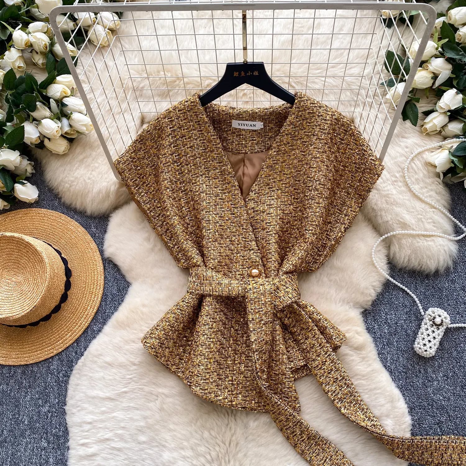 Camicia vintage senza maniche elegante e alla moda, casual, con lacci, da donna, per l'ufficio, abbigliamento femminile.