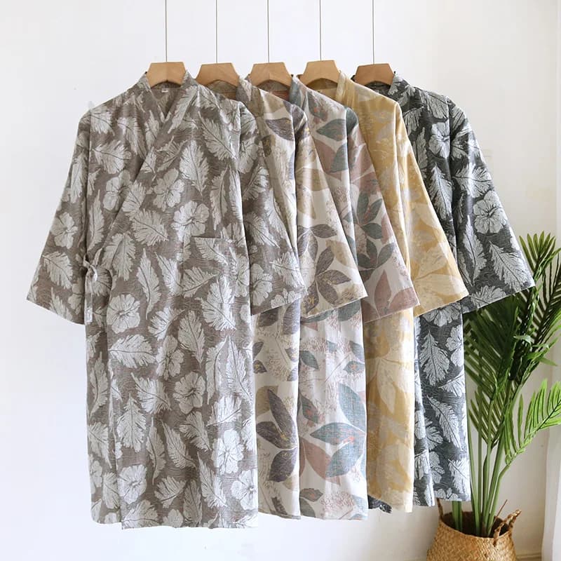 Women's Cotton Kimono Sleeping Robes Yukata Spring and Summer Cardigan Lace Up Yarn Woven Jacquard Plus Size Bathrobes