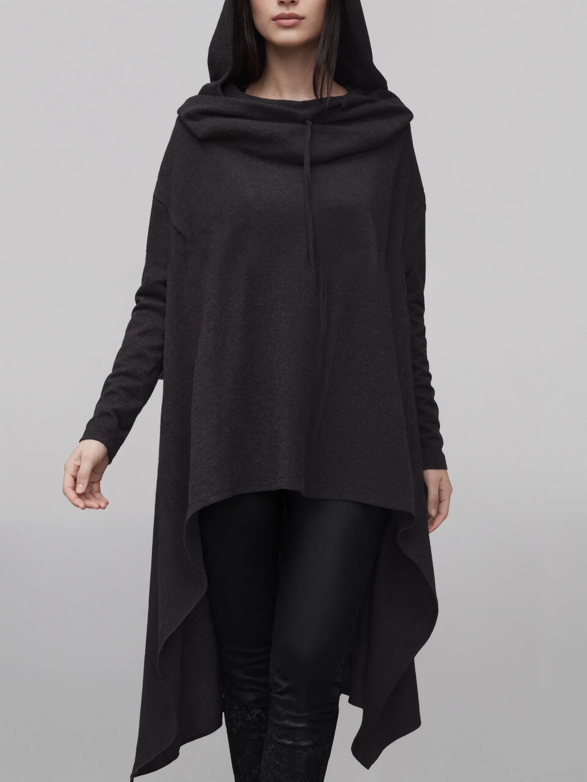 Women's Black Asymmetric Hooded Coat, Loose Long Sleeve Irregular Hem Casual Goth Streetwear Jacket