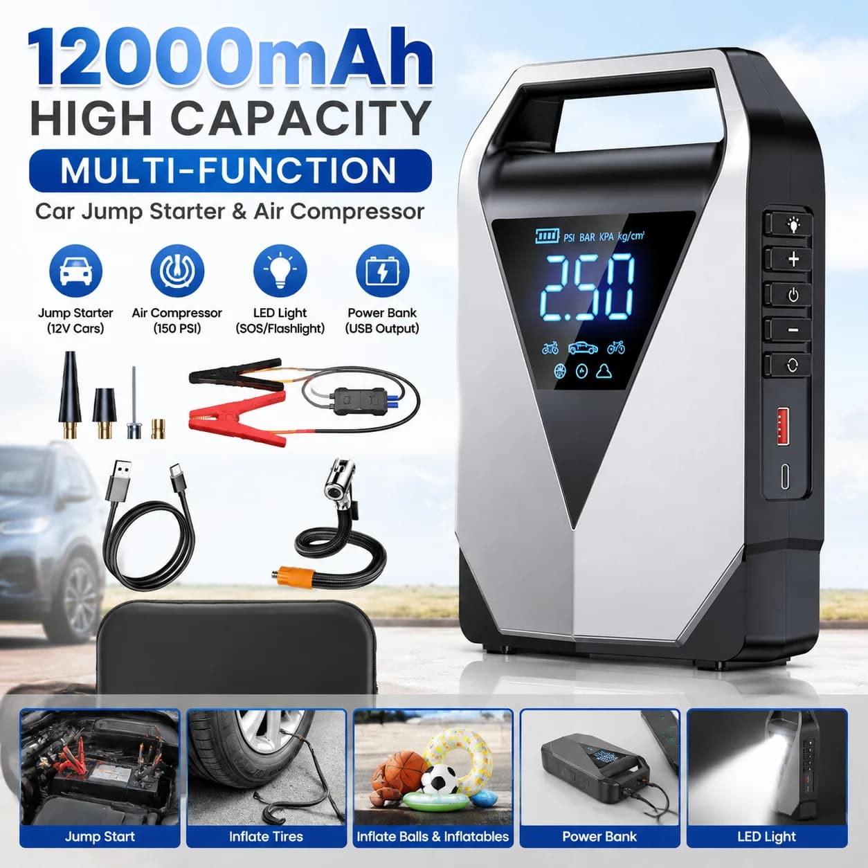 12000mAh High Capacity Multi-Function Car Jump Starter & Air Compressor, Emergency Battery Booster for Gas&Diesel Cars