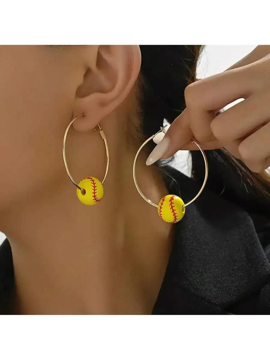 Sporty Hoop Earrings With Baseball Design Yellow Ball Pendant Casual Fashion Jewelry