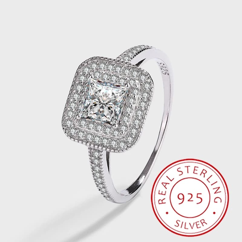 Anello con diamante zircone taglio principessa in argento S925 autentico di lusso leggero e di fascia alta, classico e versatile