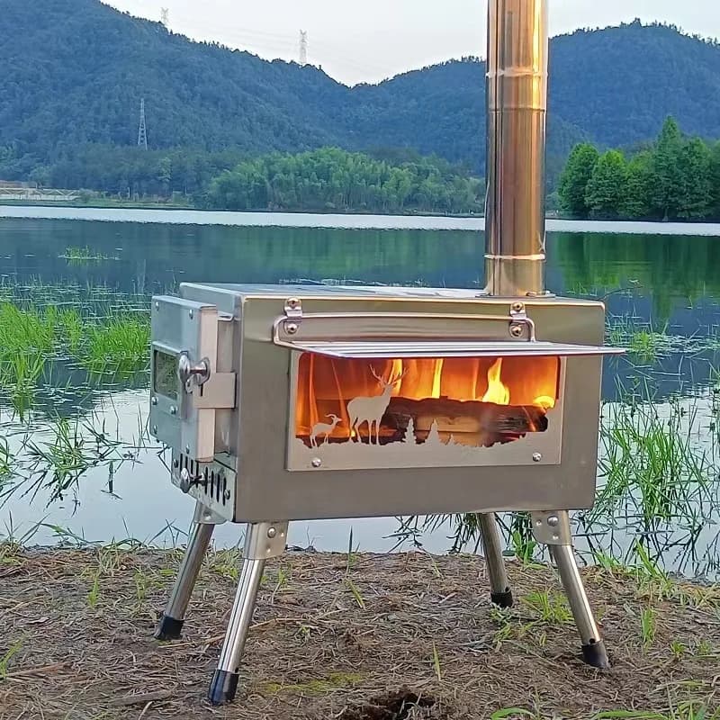 Stufa da Campeggio Portatile Pieghevole con Griglia BBQ in Acciaio Inox, Ampia Finestra Visibile, Stufa a Legna Multifunzione per Riscaldamento