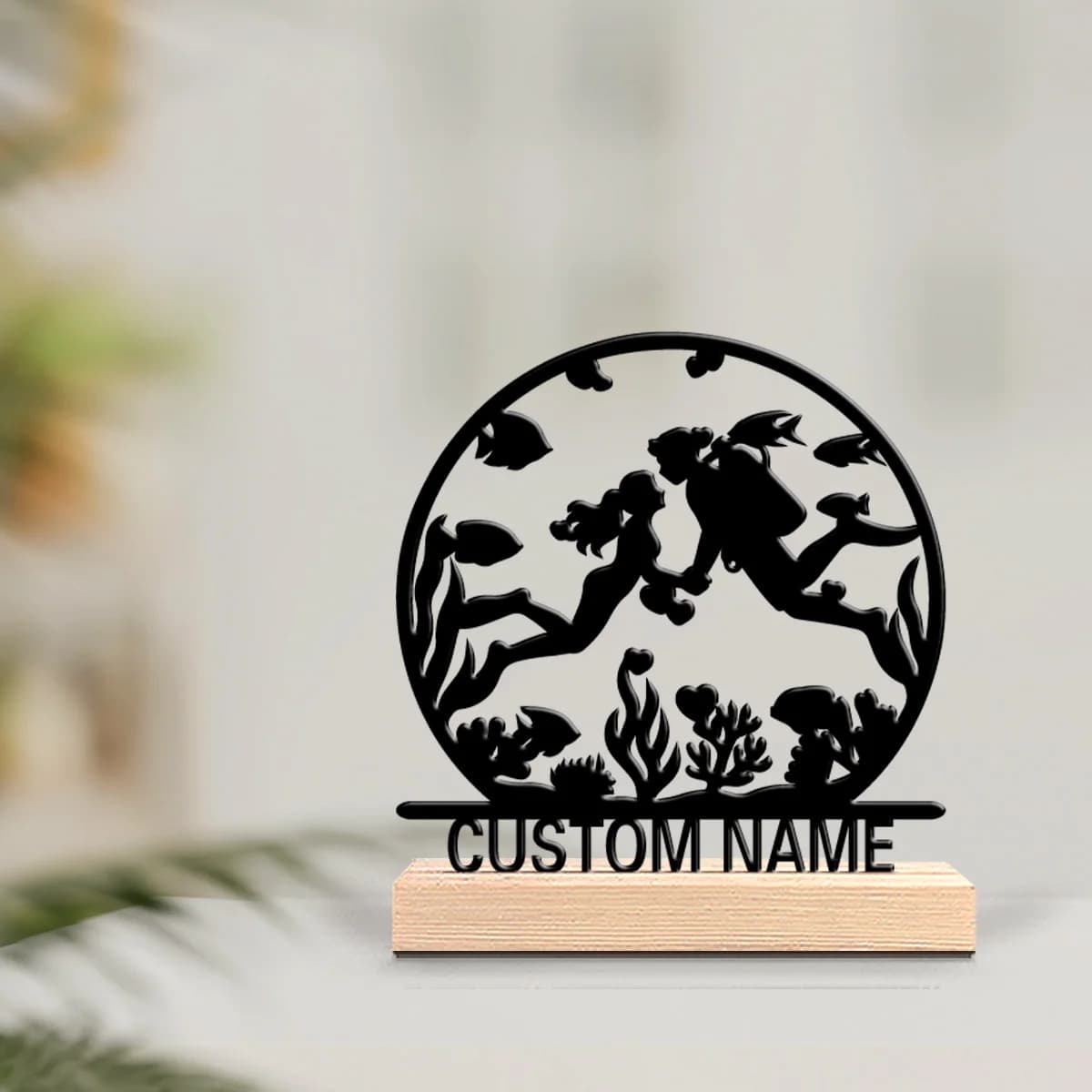 Decorazione da Tavolo in Metallo Personalizzata per Coppie, con Base in Legno, Regalo per Appassionati di Sport Subacquei