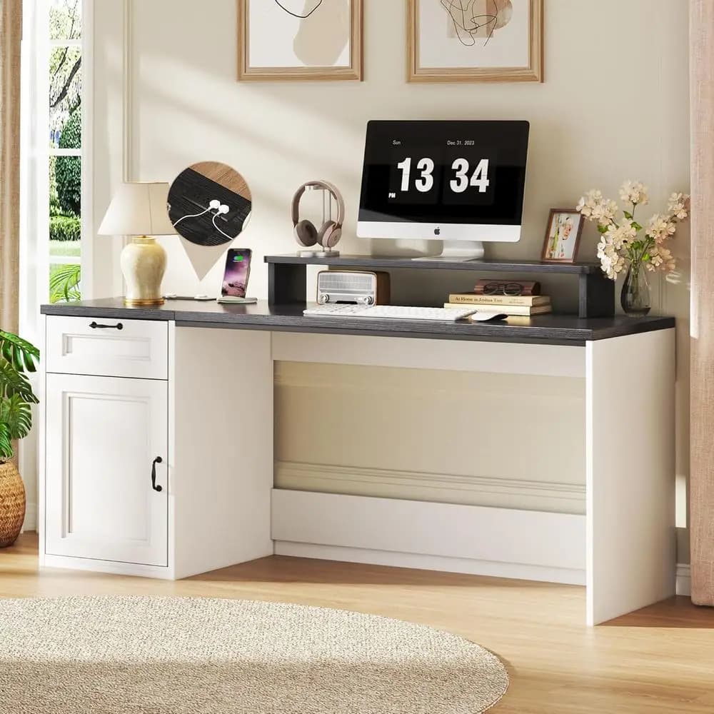 Executive 63 Desk with Drawers, Power Outlets, Monitor Stand, and Storage Cabinet in Antique White