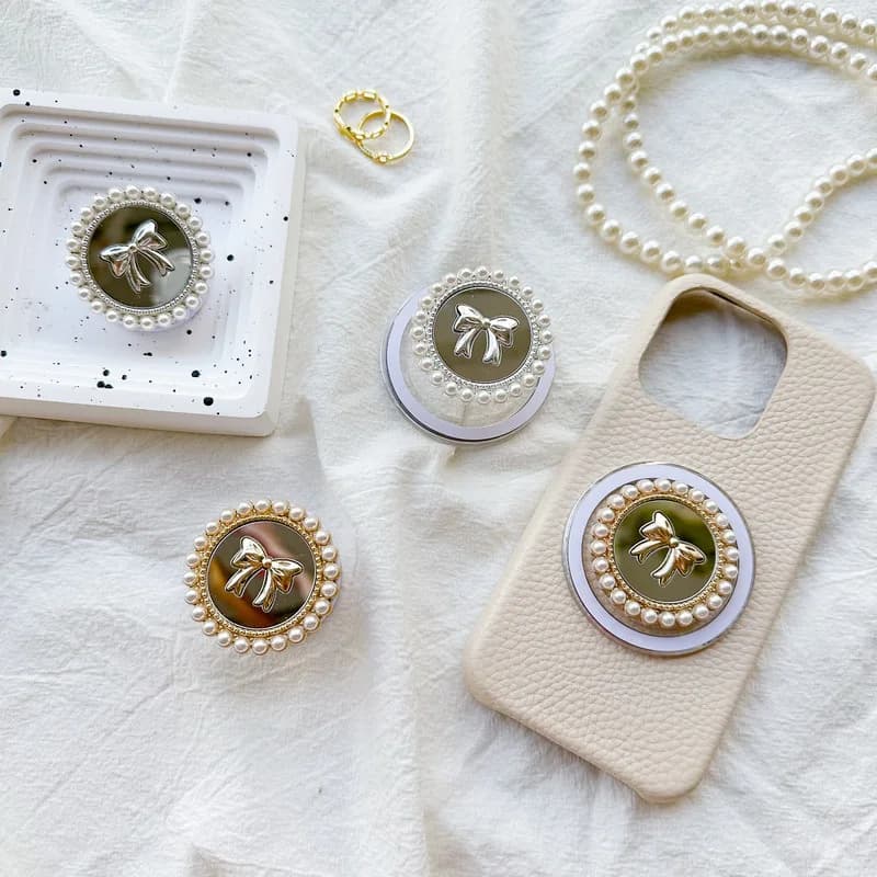 Supporto Magnetico per Telefono con Specchio e Perla, Stile Ins, con Airbag, Adesivo per iPhone e Samsung, Grip Tok