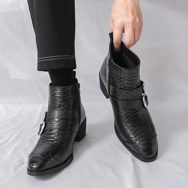 Men's High Boots Fashionable Men's Boots With Pointed PU Belt Buckle With Low Heel