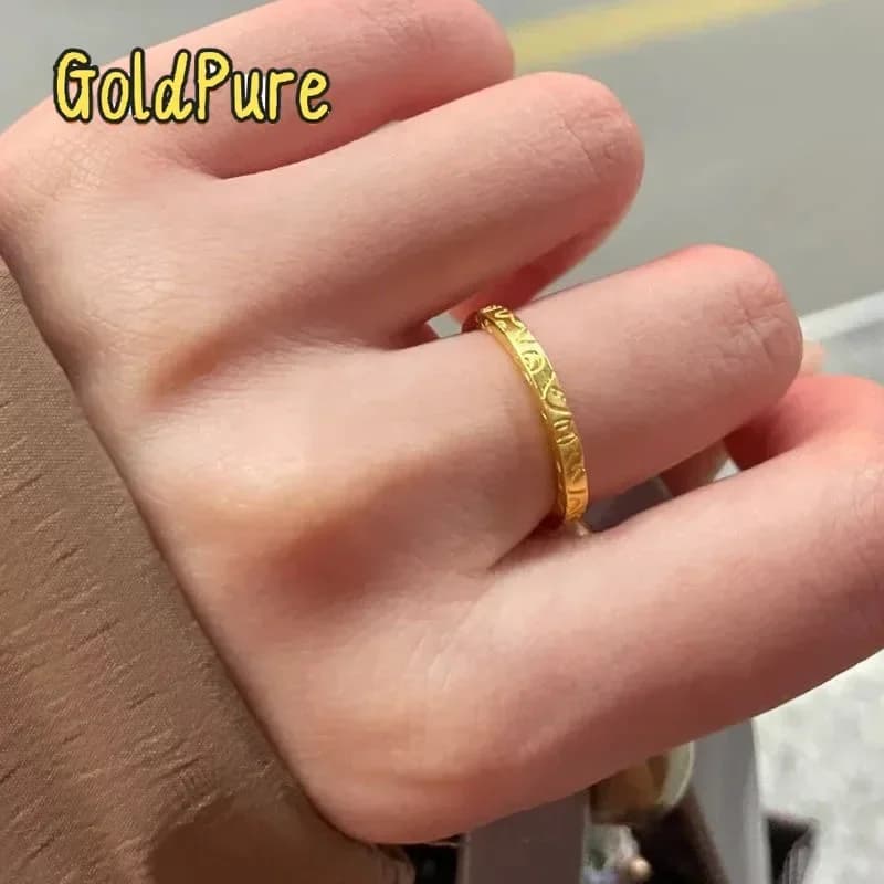 Anello Goldpure 9999 in vero oro 24K, dal design semplice ed elegante, con parole portafortuna, anello di nicchia di lusso discreto, anello a cerchio liscio per coppia