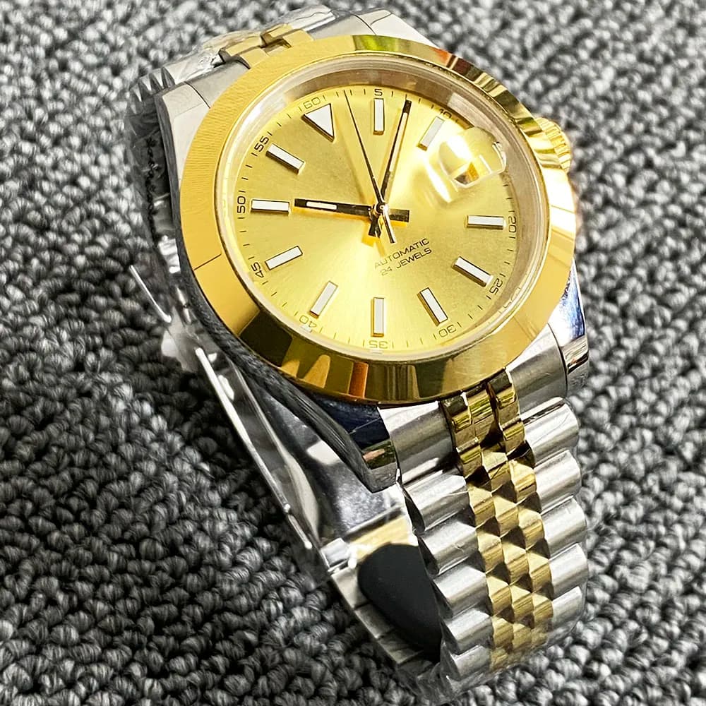 Orologio meccanico da uomo in acciaio con lunetta lucida in oro da 41 mm con quadrante casual in oro, abbinato al movimento automatico cinese NH35