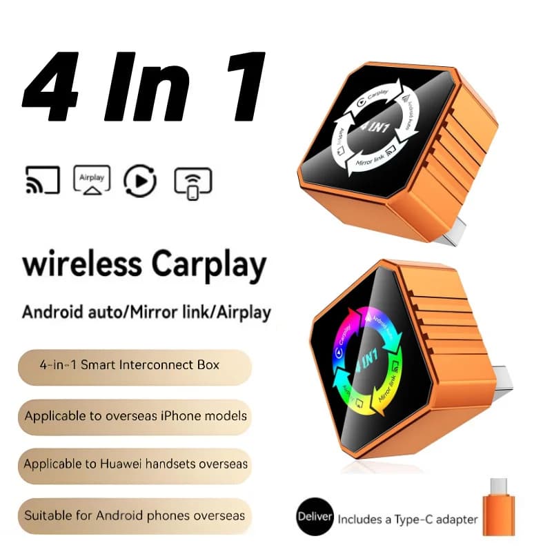 Adattatore Wireless CarPlay 4in1 2026 Nuovo per Apple o Android Auto, Connessione Mirror Link, Proiezione Schermo Airplay, Mini Adattatore