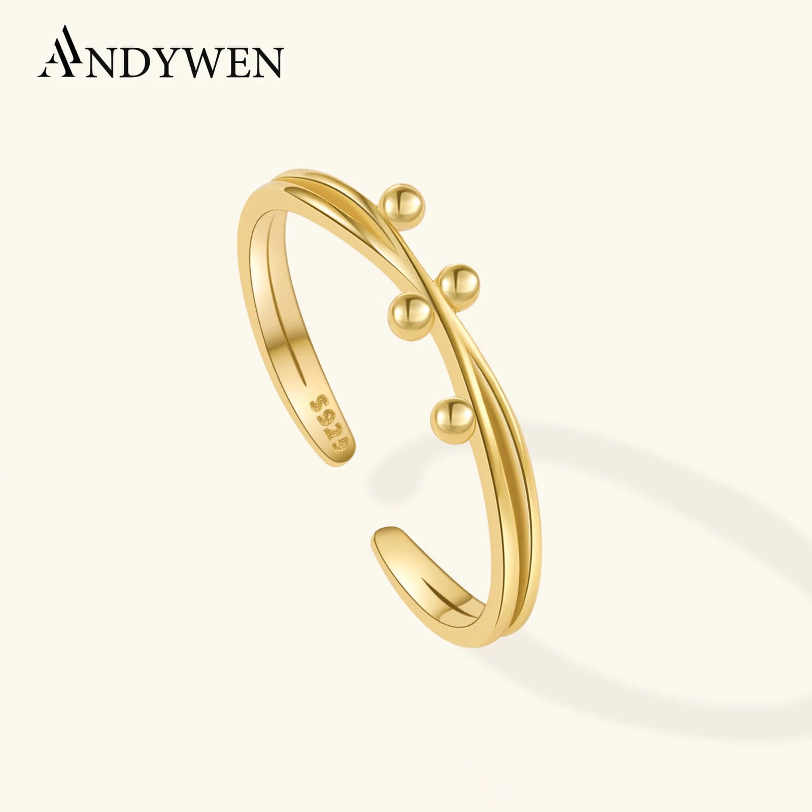 ANDYWEN Anello aperto regolabile asimmetrico con perline in oro in argento sterling 925 Regular Slim Luxury Simple Regalo di gioielli da sposa per donna