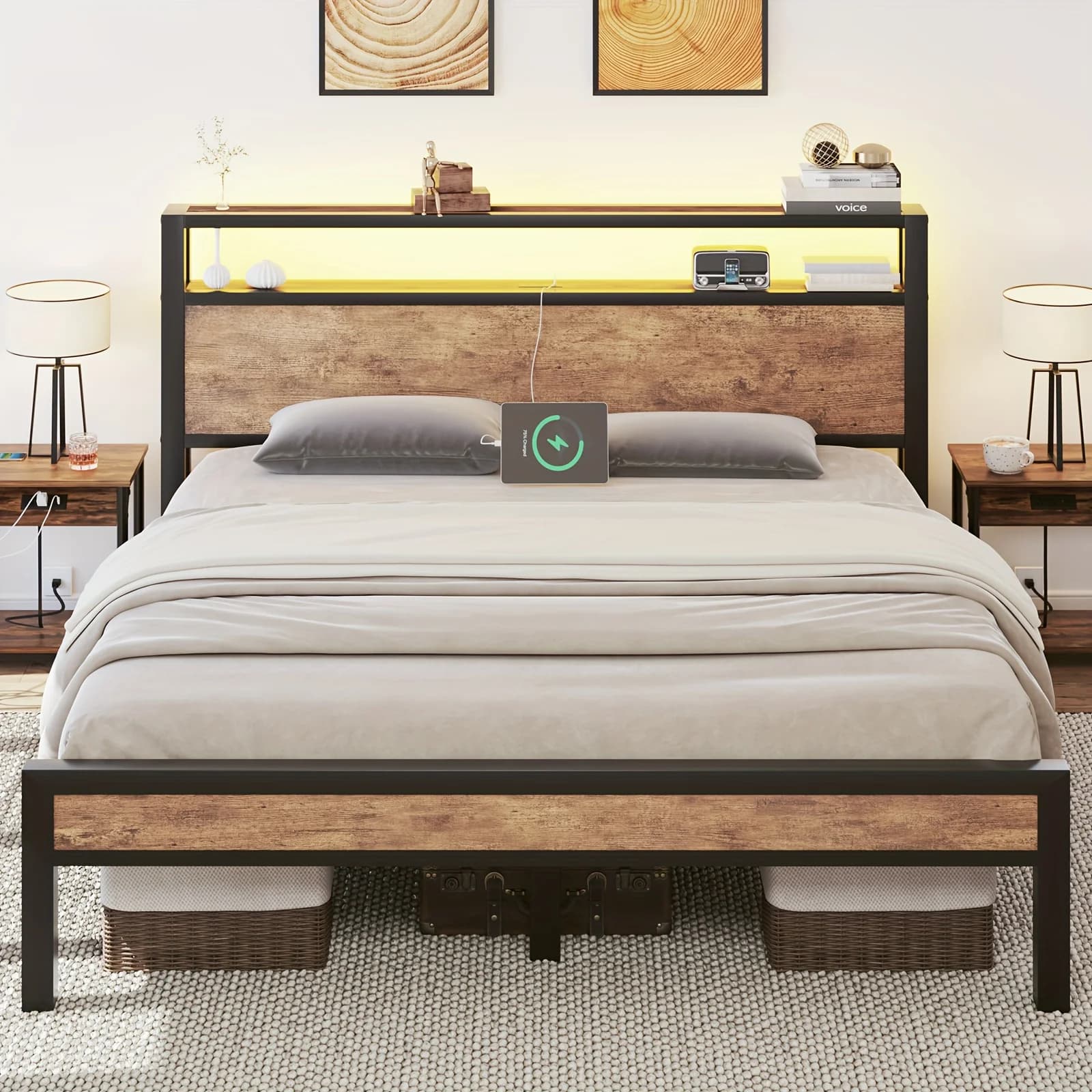 Struttura letto matrimoniale/queen/king size con contenitore, letto a piattaforma in metallo con testiera, stazione di ricarica e luci LED, senza rete a doghe