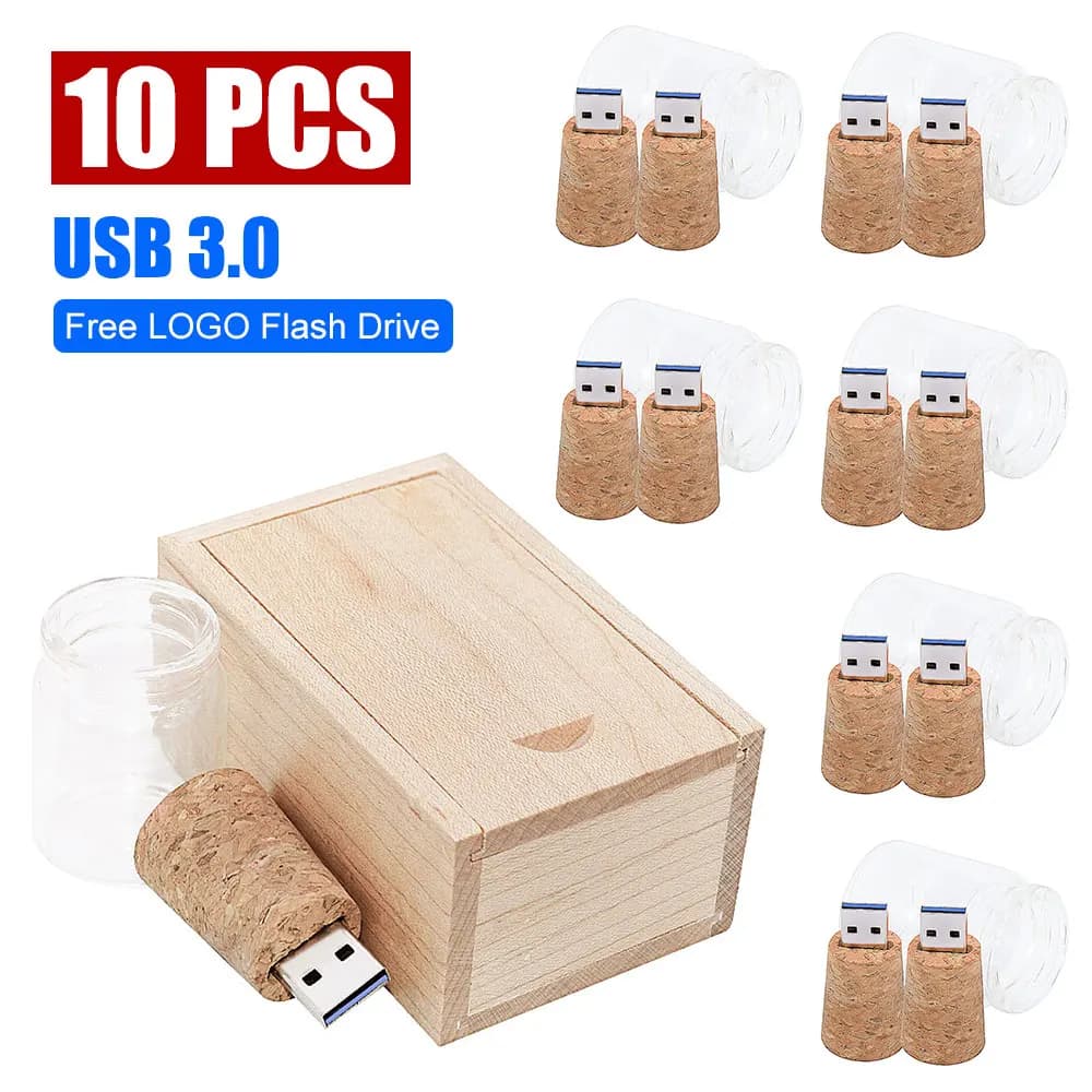 Scatola di legno da 10 pezzi + bottiglia dei desideri USB 3.0 flash drive 8GB 16GB 32GB 64GB memory stick di vetro bottiglia alla deriva U disk regalo di nozze