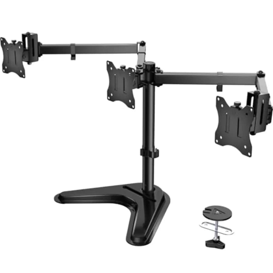 Desk support for three monitors, durable, for 13-27 inch screens, adjustable with 3 arms and rotation function, inclination and orientation.