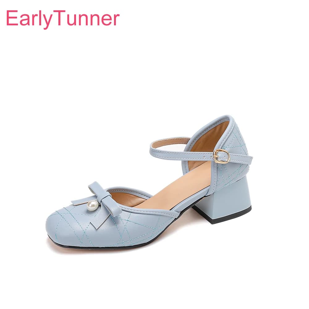 2026 Summer Elegant Strap Women Sandals Square Toe Med Chunky Heels Office Lady Shoes Big Small Plus Size 12 33 46 48