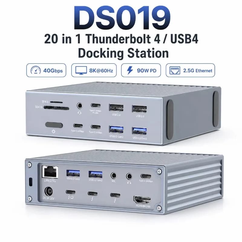 20 in 1 Thunderbolt 4 Docking Station USB4 40Gbps 8K HDMI 2.5G Ethernet PD90W Dual TB4 Hub DS019