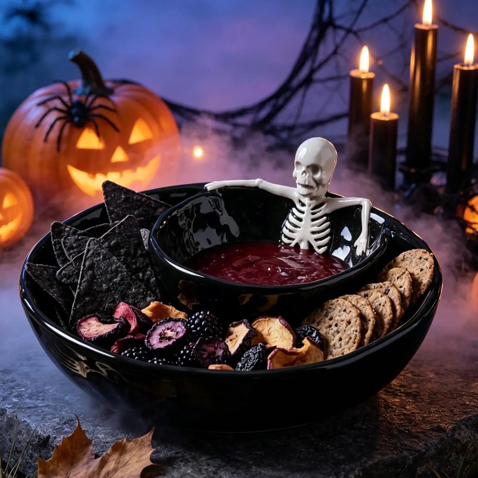 Dipping Bowls Halloween Double Layer Ceramic Skull Spooky Gothic 8.5-inch Appetizer Serving Dish for Guacamole Snack Candy Decor