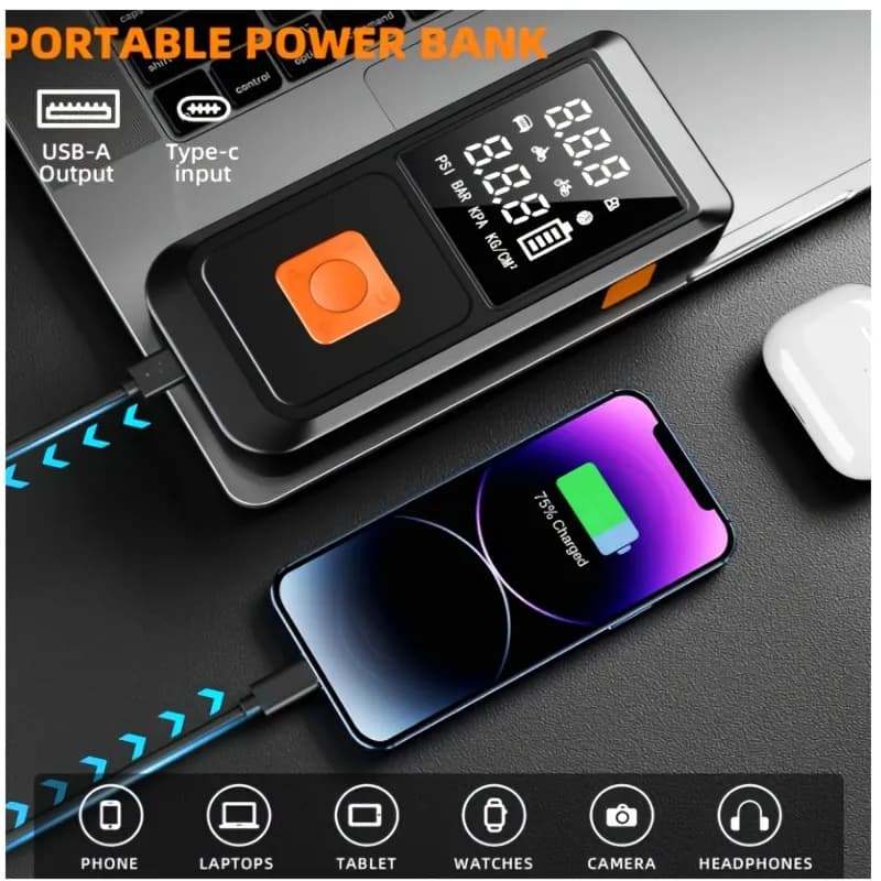Emergency Power Air Pump & Jump Starter – 10000A Peak Current, Large Digital Display, Up to 250 PSI Inflation, Universal Vehicle Compatibility, Dual USB Fast Charging Ports, Built-in LED Emergency Light, Portable Design for Gasoline (10L) or Diesel (9L) E