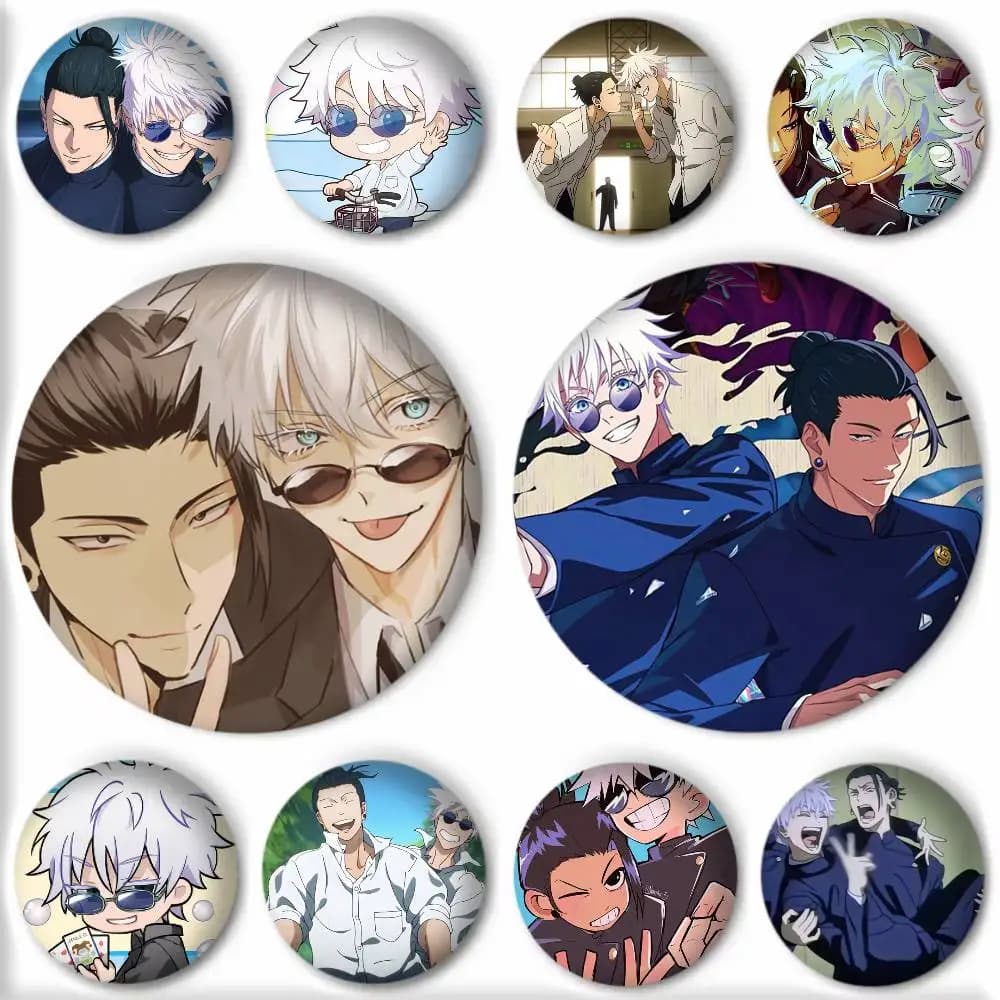 1 pz. Spilla/Badge in stile cartone animato S-Satoru Gojo e S-Suguru Geto, rotonda in smalto, per decorazione zaino e accessori