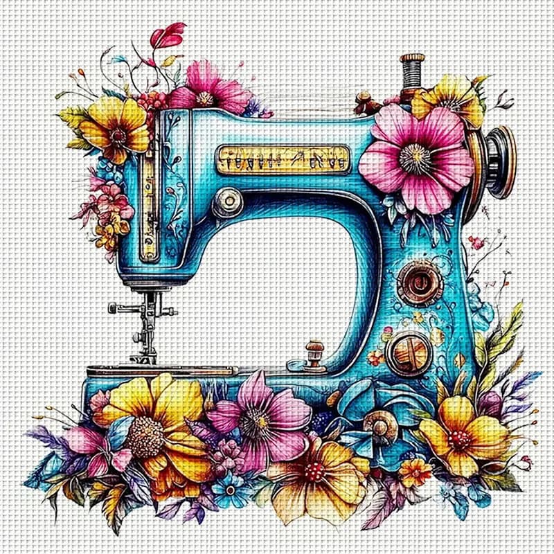 Kit Punto Croce Macchina da Cucire Blu Fiorito Fai da Te 11CT, Kit Ricamo Fai da Te per Decorazione Murale Domestica e Regali, Materiali Artigianali Senza Cornice (Prodotto Semilavorato) 36x36cm/14.17x14.17in