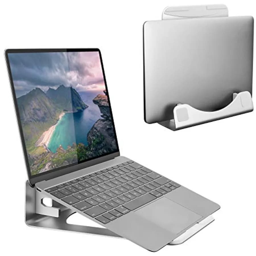 Supporto verticale per laptop da scrivania: supporto per laptop in alluminio 2 in 1 con base angolata per laptop da 11-15 pollici, dock salvaspazio per dispositivi esterni