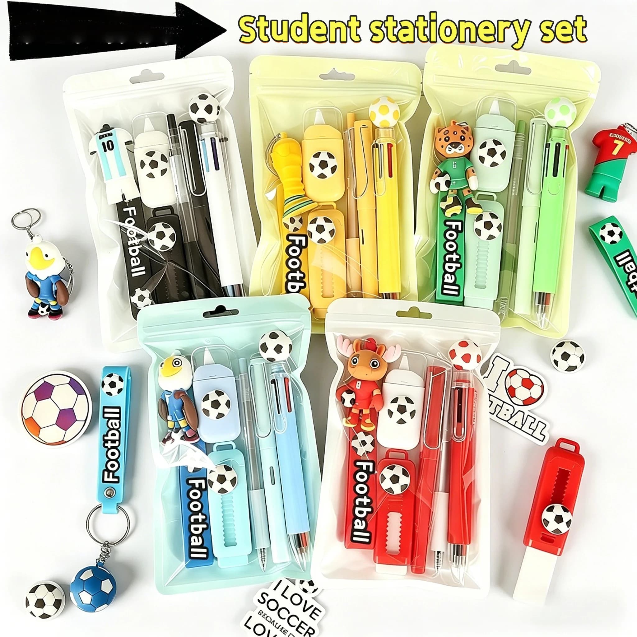 Set di Cancelleria a Tema Calcio, Regalo per il Ritorno a Scuola per Bambini e Ragazzi, Confezione di Cancelleria Estetica Multicolore
