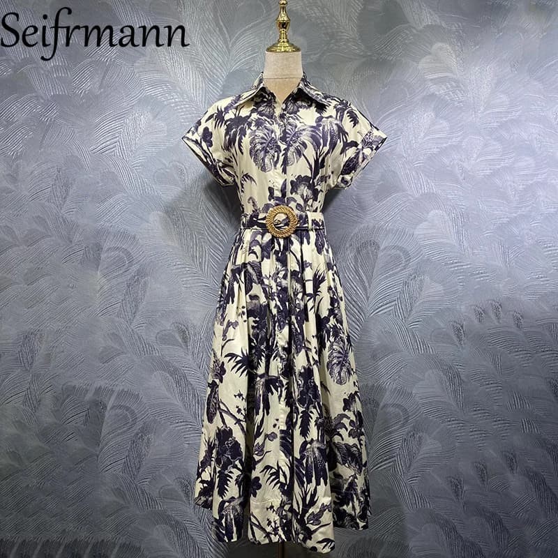 Seifrmann 2026 Primavera Nuovo Abito da Donna alla Moda con Colletto a Risvolto, Maniche Corte, in Cotone Stampato e Cintura in Vita