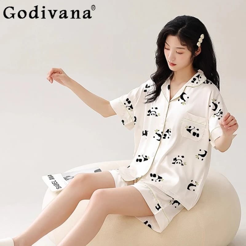 M-5XL estate fresca seta del ghiaccio carino panda pantaloncini con stampa manica corta set da due pezzi donna nuovo colletto rovesciato dolce loungewear allentato