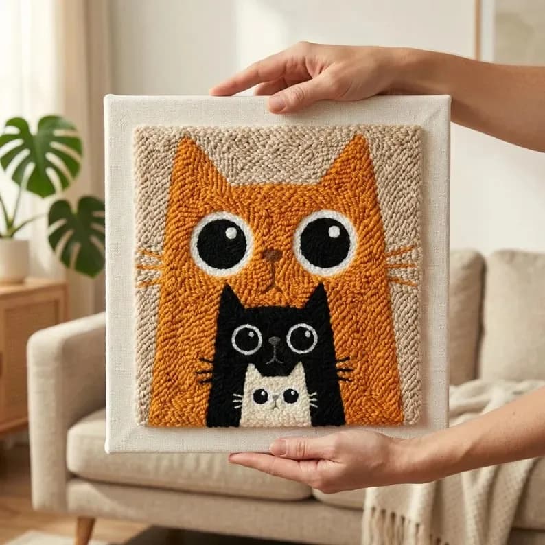 Cat Embroidery Punch Needle Kit for Stress Relief Animal Pattern Tufted Wool Poking Embroidery Kit Cross Stitch Set Home Decor