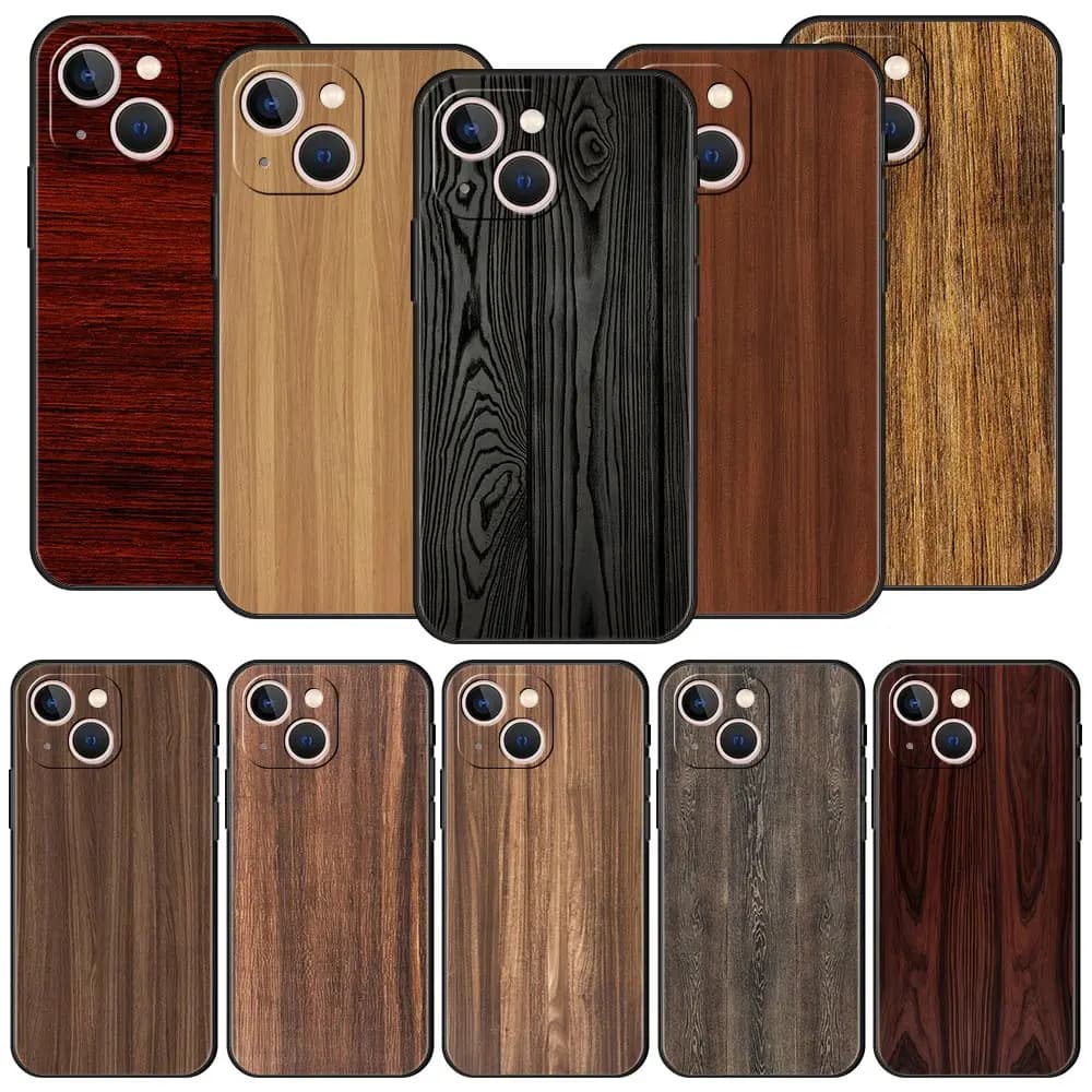 Custodia per telefono in legno intagliato per iPhone Apple 14 13 12 11 Pro Max Mini 7 8 Plus XR XS X SE 2020 Cover in Silicone nero Coque Funda