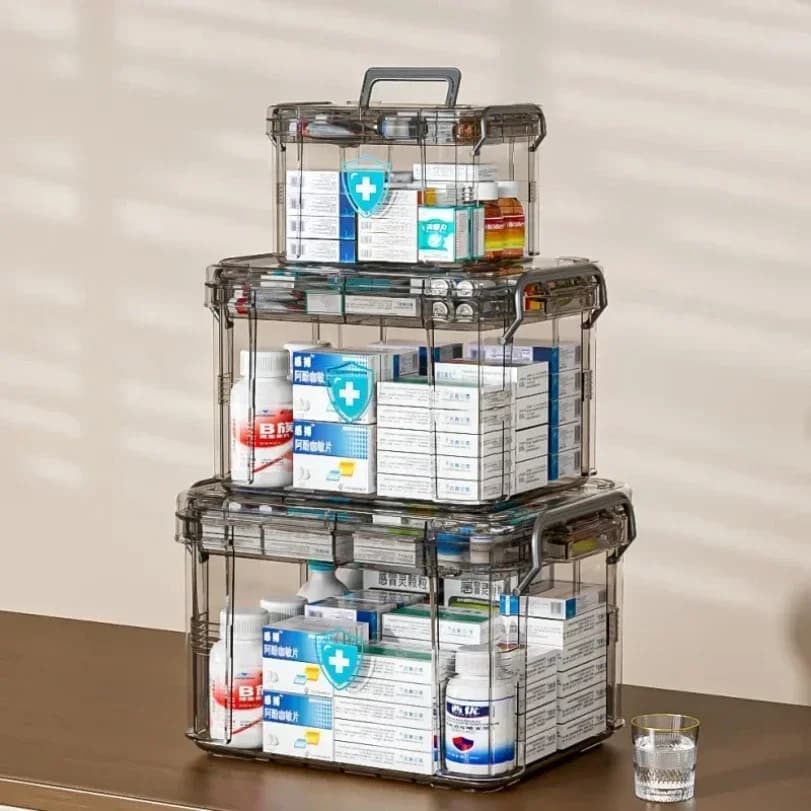 With rectangular lid, transparent waterproof medicine and first aid storage box - double-layer PP plastic medicine box for emerg
