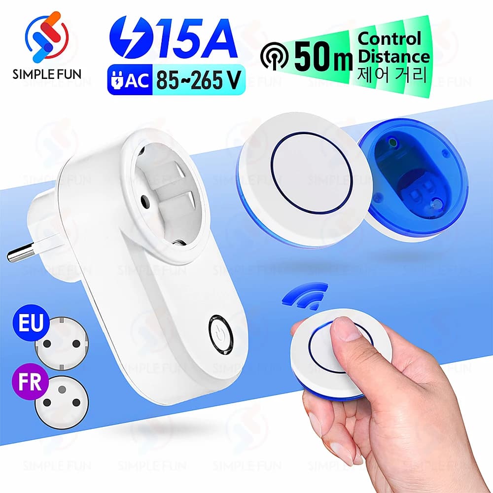 Wireless remote control socket 220V 110V EU FR Smart Plug, 50m control flow, 15A power outlet for light blower for household appliances