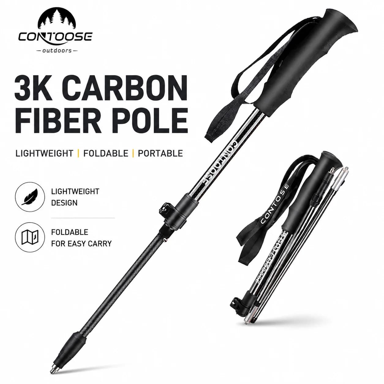 Single 3K Carbon Fiber Folding Trekking Pole, Adjustable 115-135cm Lightweight Hiking Stick with EVA Grip for Camping Travel