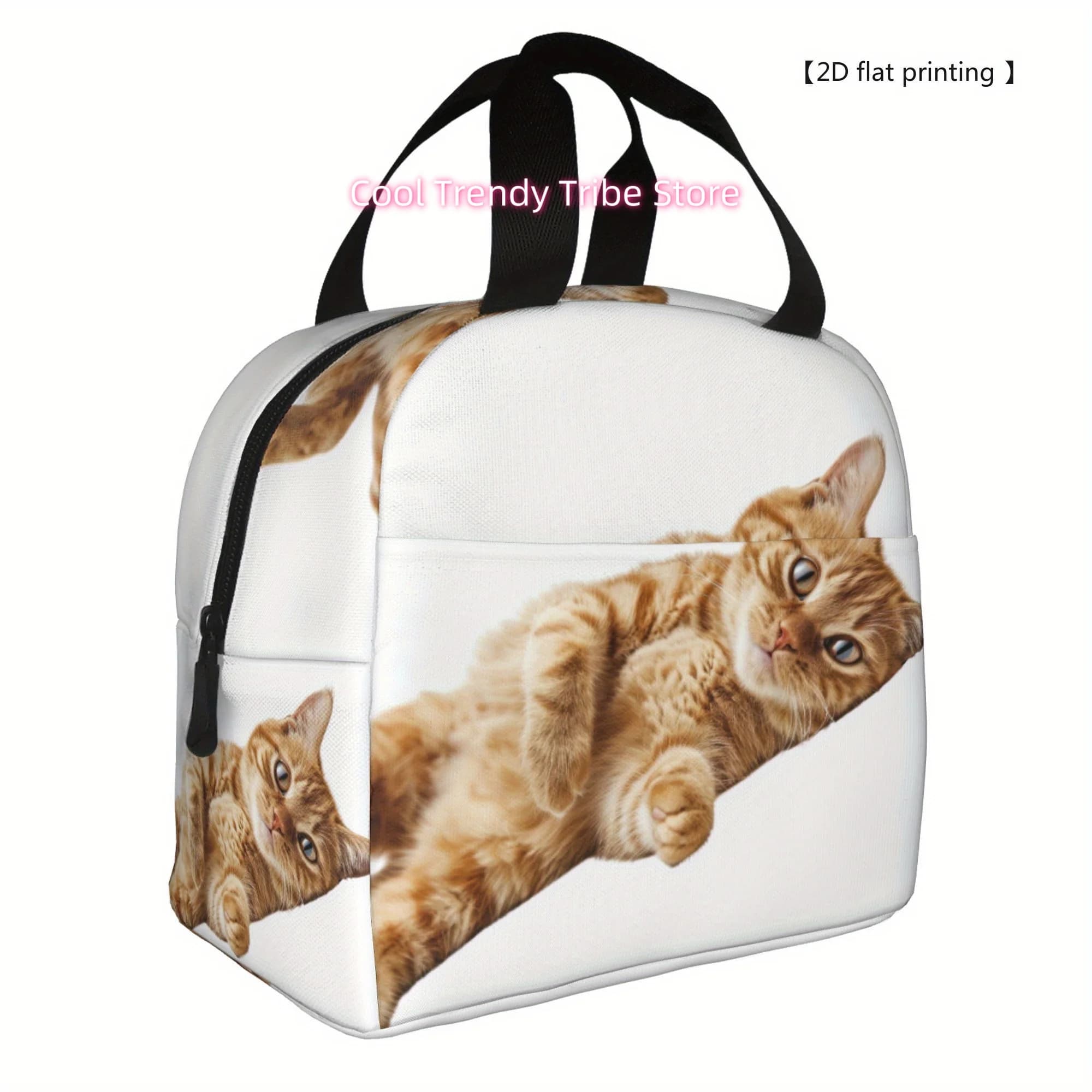 1pc [2D Flat Printing] The Pattern of a Sleeping Cat Portable Reusable Cooler Bag, Lunch Bag Boxed Meal Package Top - Handle Bag