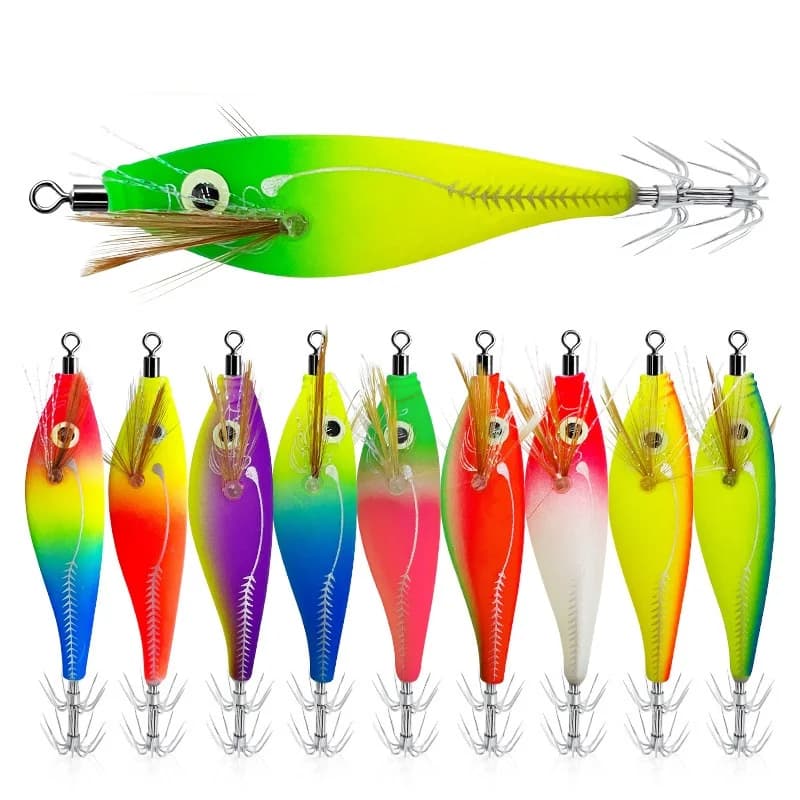 8.5 centimetri 9.5 centimetri Seppie Maschere Polpo egi Esche Da Pesca In Legno Gamberetti Richiamo Luminoso Calamari Jig Calamari Esca Spinnerbait Gancio Gamberetti