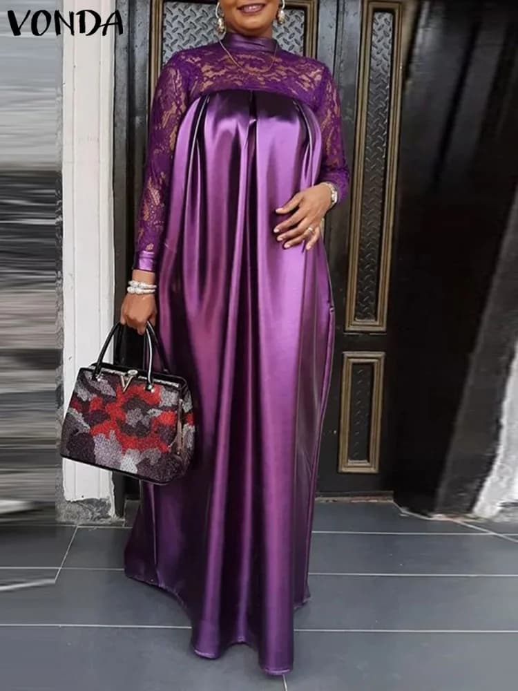 Plus Size 5XL VONDA Long Dress Satin Patchwork Stylish Women's Lace Autumn Long Sleeve Collar to Korean Long Dresses Casual Holiday Dress