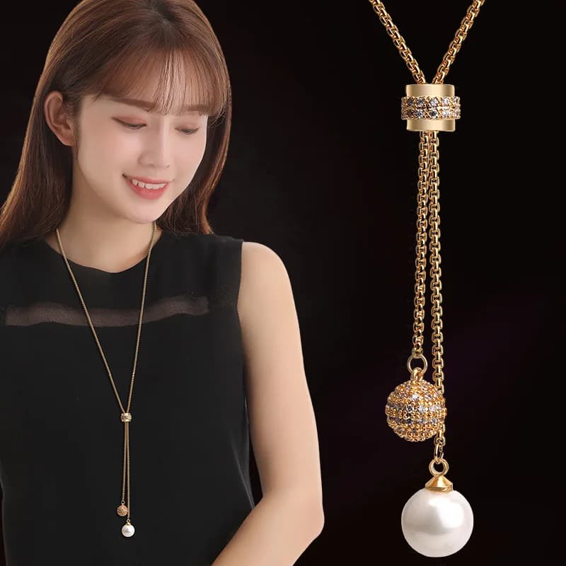 Collana lunga con ciondolo a sfera semplice per donna tutte le partite catena di maglione di perle simulate