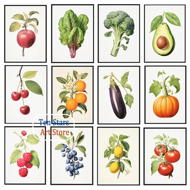 Zucchini Lettuce Broccoli Peach Apple Orange Vegetable Fruit Healthy Food Poster Canvas Painting Wall Picture Home Kitchen Decor