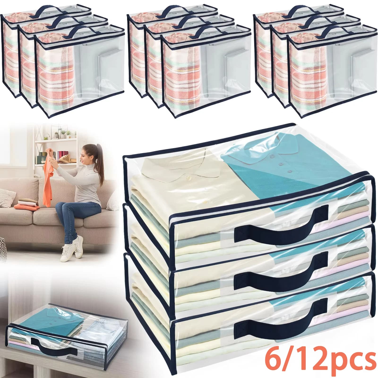 6/12 pieces waterproof pvc sheet pockets clothes blanket packing box bed linen with transparent zipper waterproof