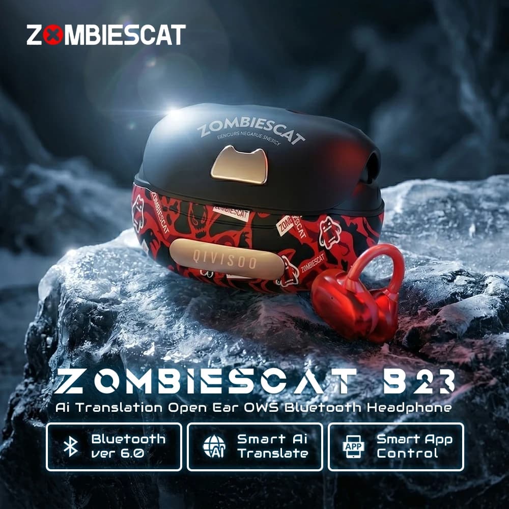 Zombies Cat B23 Graffiti Design Bluetooth 6.0 OWS Ear Clip Earbuds AI Translating Headphone TWS Wireless Earphone with Smart APP