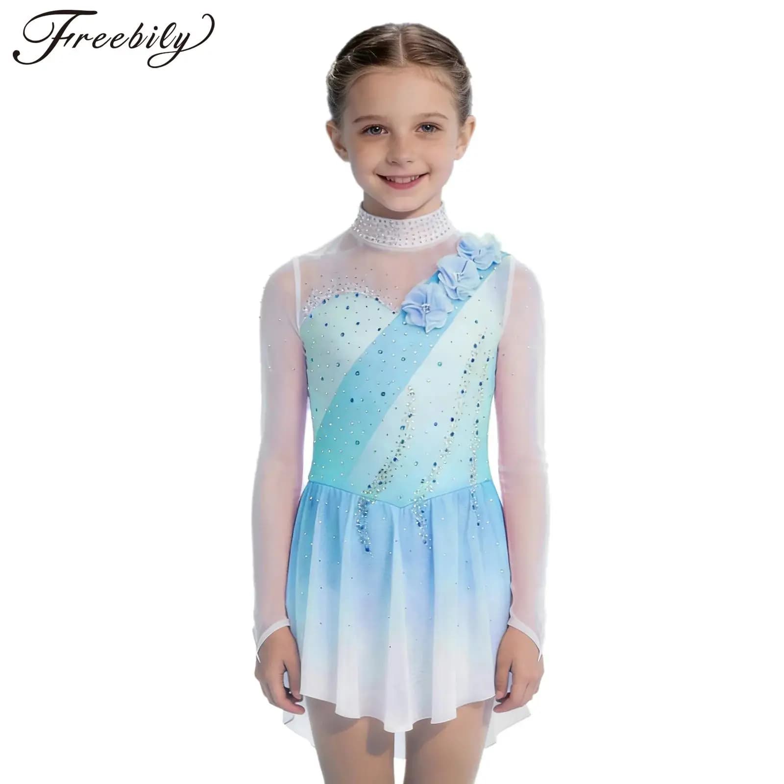 Ragazze dei capretti Manica lunga Maglia trasparente Strass lucidi Figura Pattinaggio su ghiaccio Vestito Ginnastica Acrobazie Balletto Danza Body Dancewear