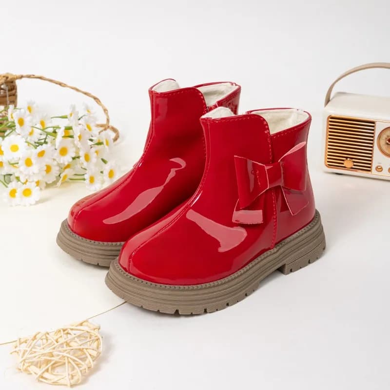 Winter Girls New Cotton Boots Sweet Bowknot Kids Platform Ankle Boots Glossy PU Fashion Children's Causal Boots Warm Versatile