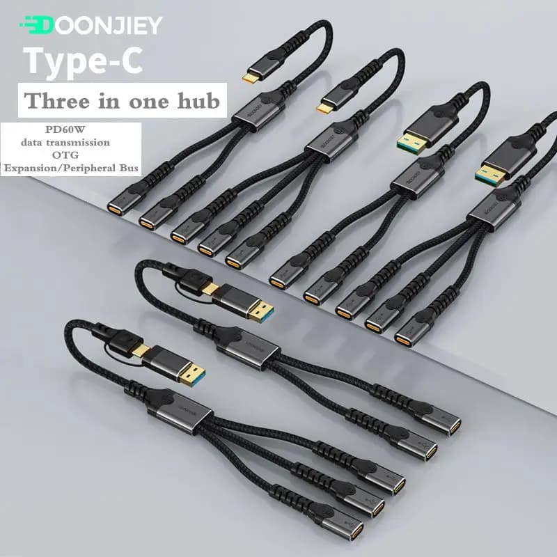 PD60W Extender Charging Splitter Adapter Type-C Computer Docking Station USB Multifunctional 1/3 Adapter Cable