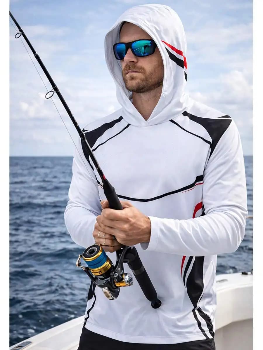 Men's Scale Pattern All-Over Print Long Sleeve T-Shirt, UV Protection Sun Protection Shirt, Breathable Quick-Dry Hooded Fishing