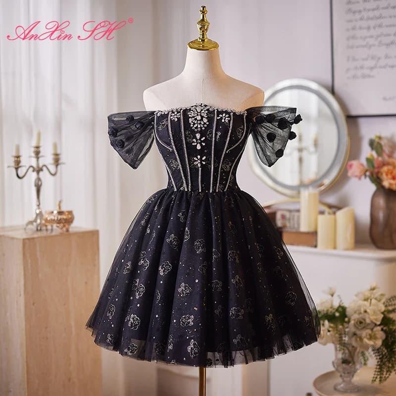 AnXin SH Princess Flower Black Lace Boat Cliff Beads Crystal Lace Party Short Dress Evening Dress Small Black Dress