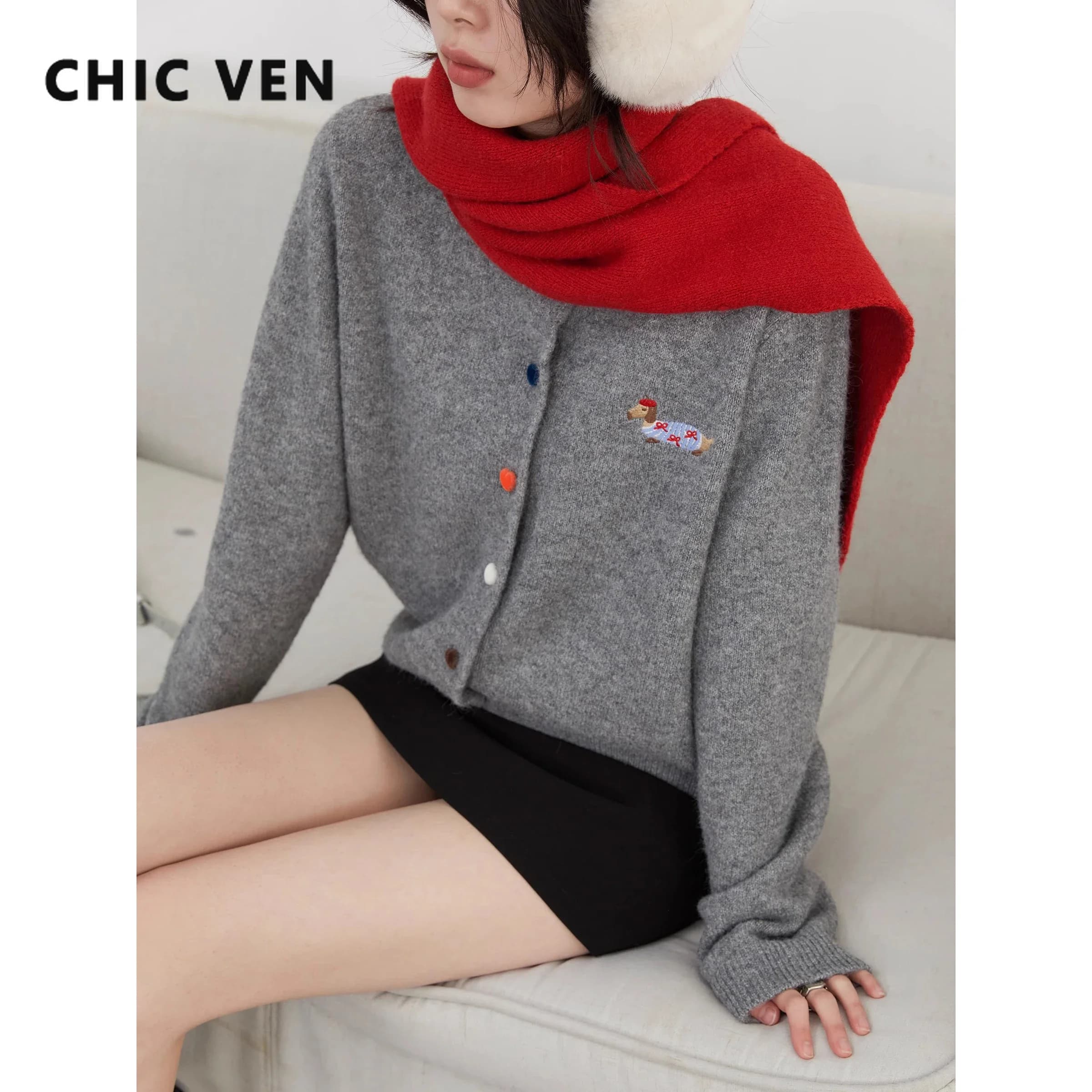 CHIC VEN Cardigan da donna allentato casual nuovo girocollo bottone d'amore ricamo cane maglioni lavorati a maglia top femminile primavera autunno 2025