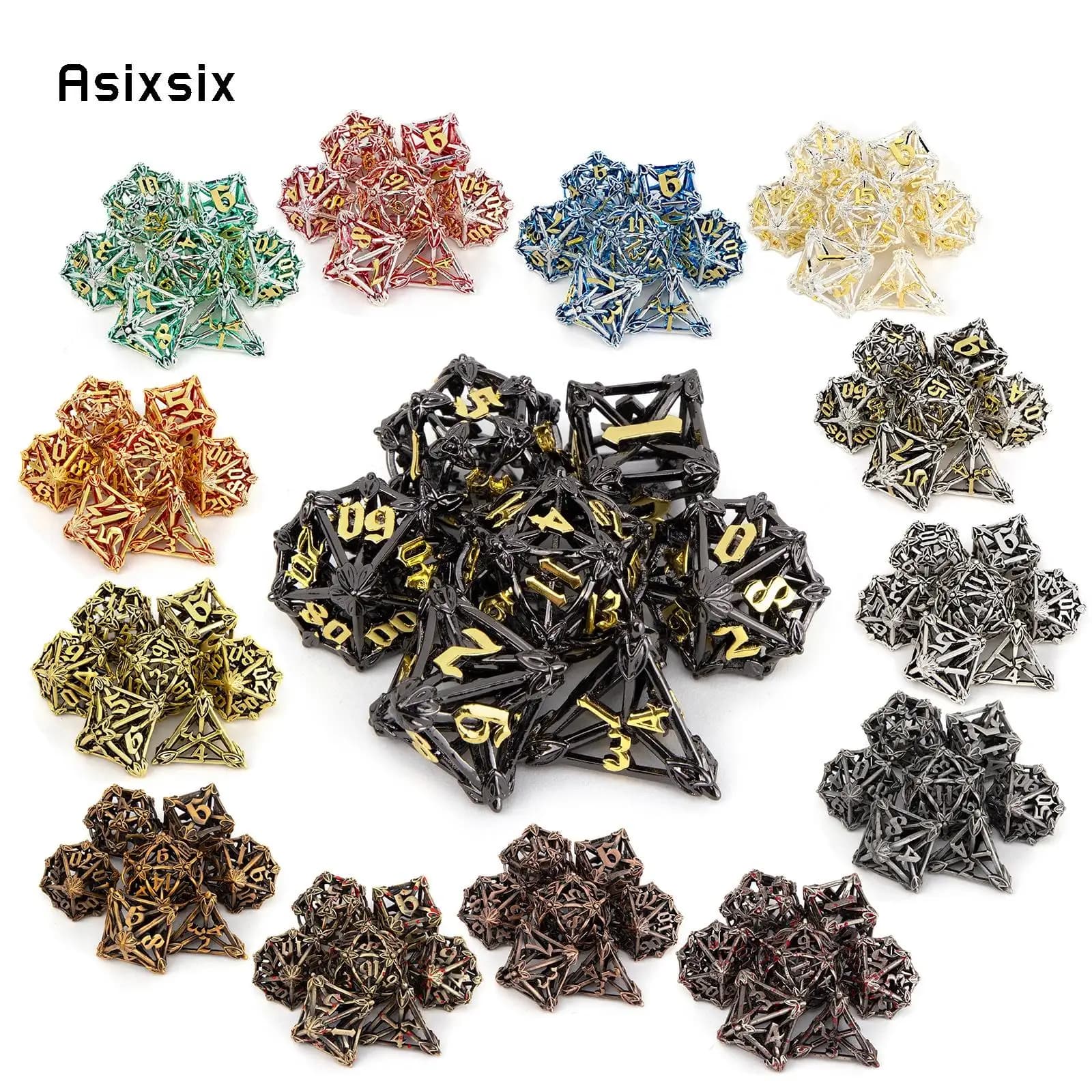 Set di 7 Dadi Metallici Poliedrici Traforati a Forma di Foglia e Fiore in Vari Colori, Adatti per Giochi di Ruolo RPG e Giochi da Tavolo