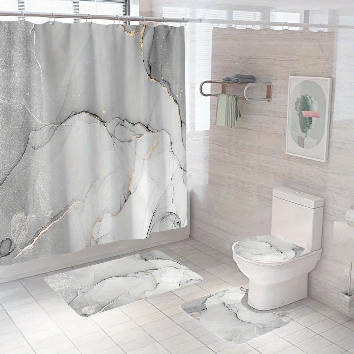 Set da bagno semplice in marmo da 4 pezzi con tappetino antiscivolo, decorazione da bagno in marmo, incluso tappetino da bagno, tappetino a forma di U, sedile WC